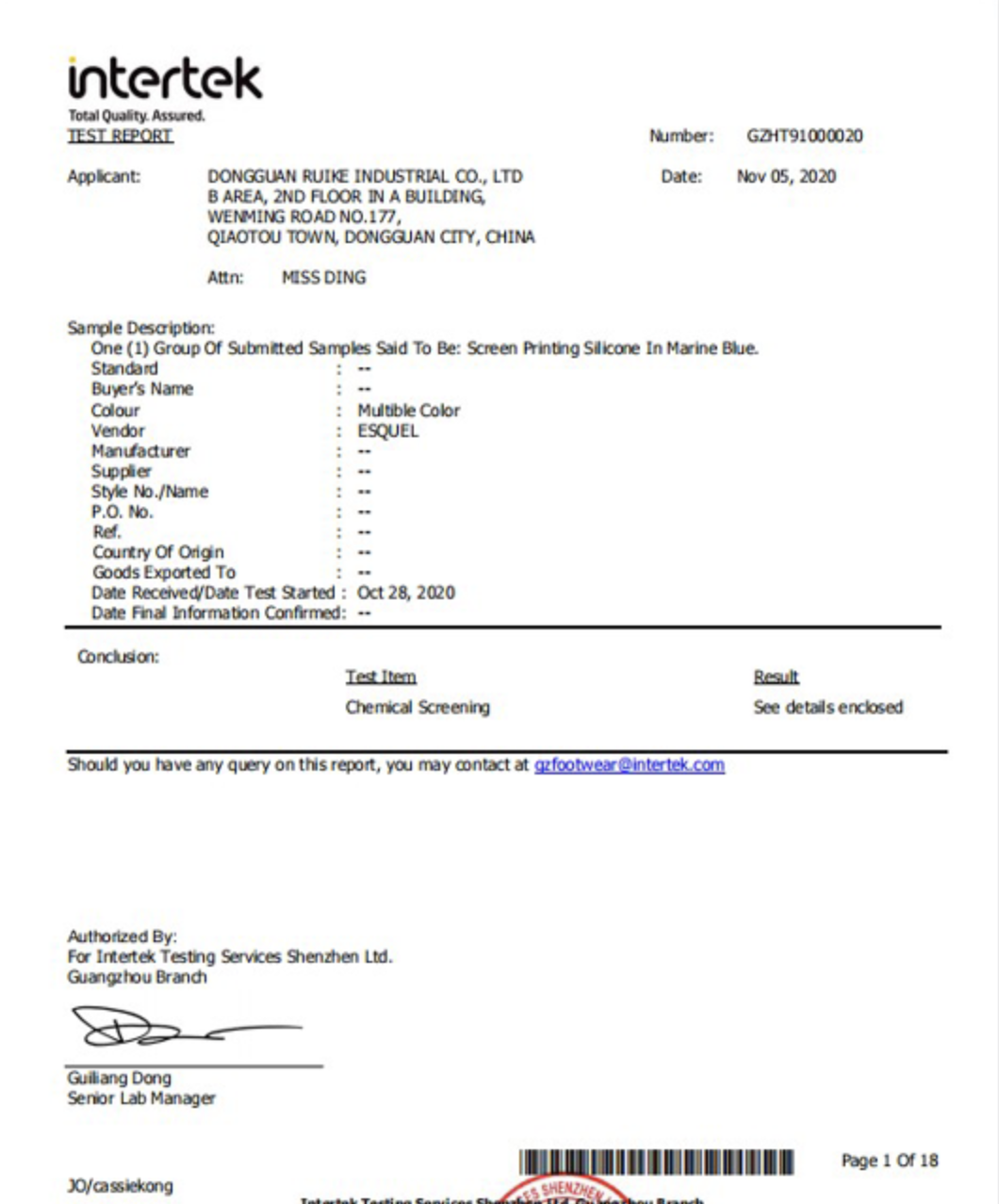 silicone ink certifications